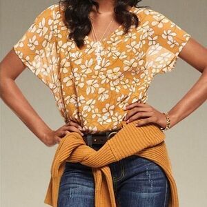 Cabi Thrive Floral Print Mustard Yellow Double V-neck Blouse Medium